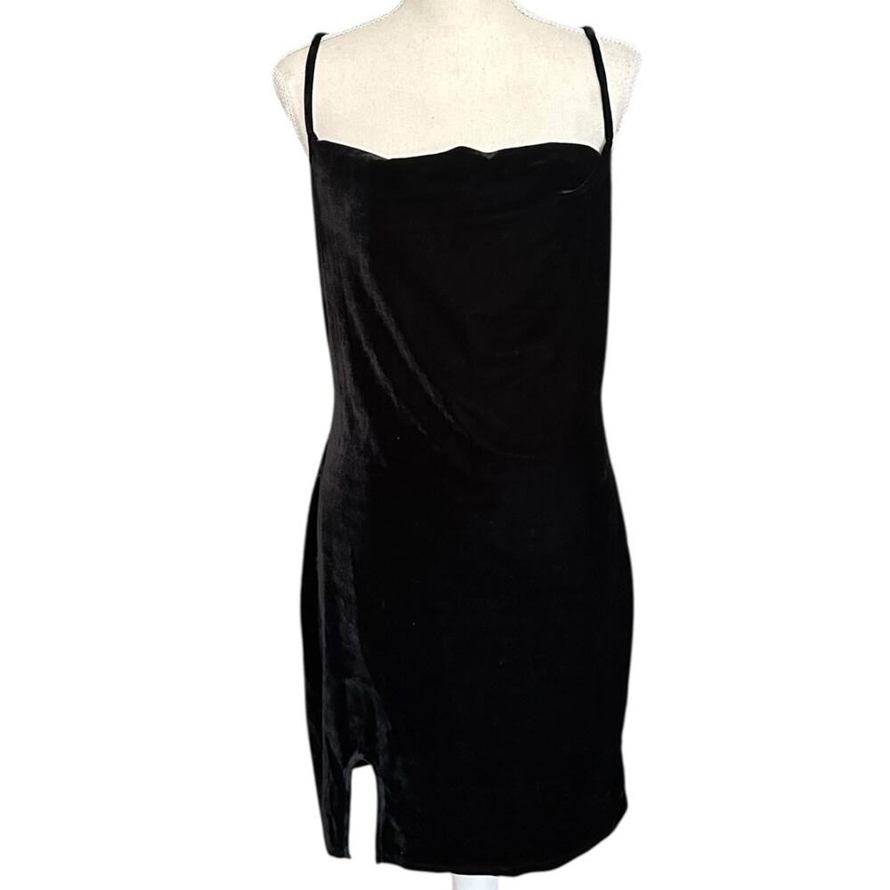 Black Velvet Slip Dress Women's S Cowl Neck Side Slit Mini 90s Y2K Goth Party